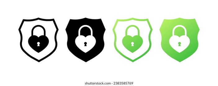 Escuche iconos con candado. Diferentes estilos, bloqueo en forma de corazón, bloqueo dentro del escudo. Iconos del vector