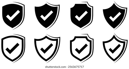 Shield icons with right mark. Protection, security shield symbols collection. Shield vector icons set. Right mark, Check mark icon vector design, Set of security shield icons, security shields isolate