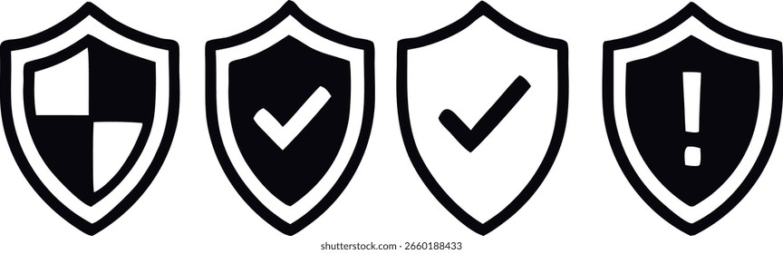 Shield Icons Security Protection Black and White Simple Graphic Modern Symbols for Data Safety and Integrity Depiction