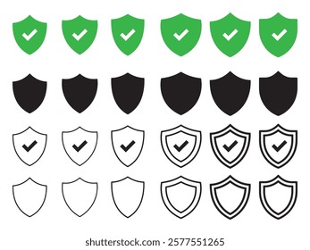 Shield icons, security symbols, protection emblems, green checkmarks, black silhouettes, white outlines, various shield shapes, minimal design, flat graphic style, vector illustration, cybersecurity