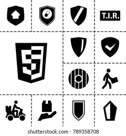 Shield icons. set of 13 editable filled shield icons such as shield, sword, courier, courier on motorcycle, tir, cargo protection, health insurance