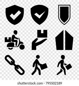 Shield icons. set of 9 editable filled shield icons such as courier, chain, shield, sword, courier on motorcycle