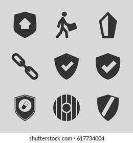 Shield icons set. set of 9 shield filled icons such as courier, chain, health insurance, home security, shield