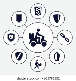 Shield icons set. set of 9 shield filled icons such as courier, courier on motorcycle, chain, health insurance, shield
