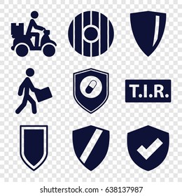 Shield icons set. set of 9 shield filled icons such as courier, courier on motorcycle, tir, health insurance