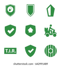 Shield icons set. set of 9 shield filled icons such as courier on motorcycle, tir, health insurance, home security, shield