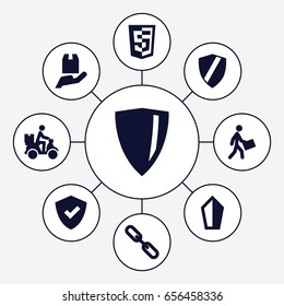 Shield icons set. set of 9 shield filled icons such as courier, courier on motorcycle, cargo protection, chain, sword
