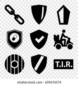 Shield icons set. set of 9 shield filled icons such as courier on motorcycle, tir, chain, health insurance, shield