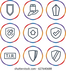 Shield icons set. set of 9 shield outline icons such as TIR, cargo protection, health insurance, home security, shield