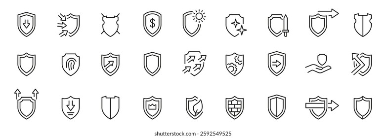 Shield icons set. Badge, protect, security symbol. Shield defense outline icon, symbol. Vector icons