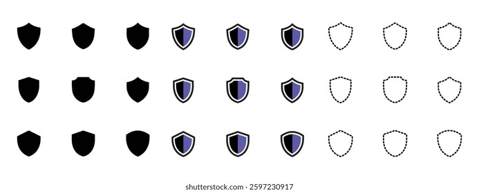 Shield icons set. Collection of security shield icons isolated on white background. Different shields shapes. Safety, protection, defense symbol. Security logo. Vector graphic. EPS 10