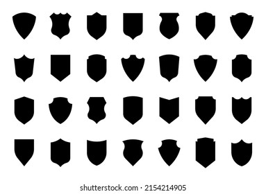 Shield icons set. Different shield shapes. Black shield silhouette. Security sign. Protect symbol. Privacy logos. Vector design template.