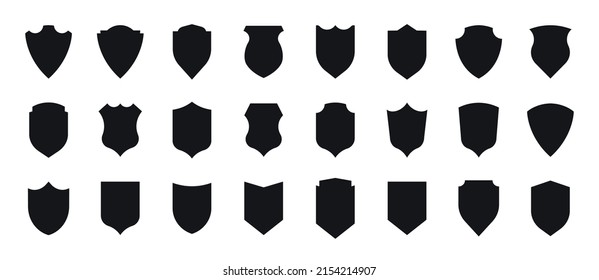 Juego de iconos de escudo. Formas de escudo diferentes. Silueta de escudo negro. Signo de seguridad. Proteger símbolo. Logotipos de privacidad. Plantilla de diseño de vectores.