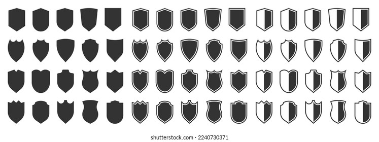 Shield icons set. Different shield shapes. Heraldic protective black marks. Black shield silhouette. Security sign. Protect symbol. Privacy logos. Vector illustration.