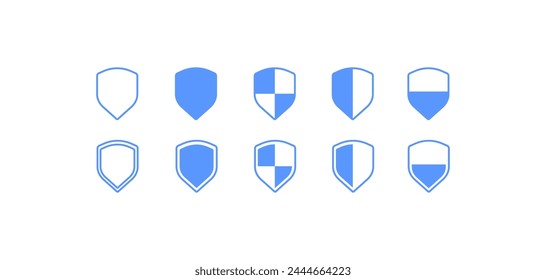 Shield icons set. Flat, blue, set of shields, protection design. Vector icons