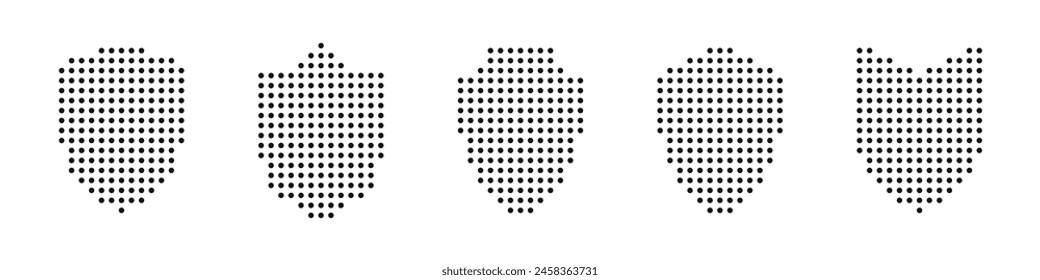 Shield icons set. Halftone shields. Protect shield vector. Dotted shield icons. Protect shield security line icons in halftone stylesv