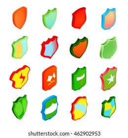 Shield icons set in isometric, 3d style. Colorful protection shields set collection vector illustration