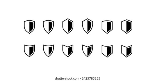 Shield icons set. Outline, white and black set of shields for protection design, shield icons collection. Vector icons