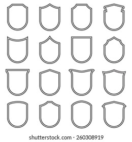 Schildsymbole gesetzt, umrissen, schwarz einzeln auf weißem Hintergrund, Vektorillustration.