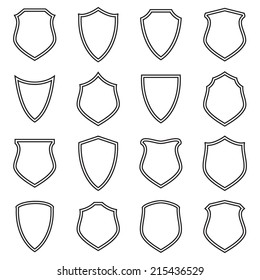 Shield icons set, outlined, white and black isolated on white background, vector illustration.