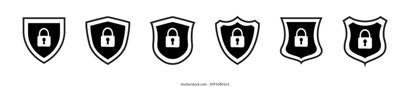 Juego de iconos de escudo. Proteja la señal del escudo. Colección de iconos de protección de seguridad con bloqueos, contornos y señales lineales. Diseñar elementos para los conceptos de seguridad y protección.