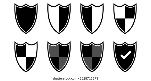 Shield icons set. Protect signs Different shields icon collection. Collection of security shield icons with contours and linear signs. Vector illustration.