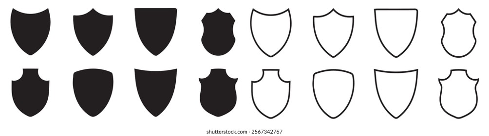 Shield icons set. Protect shield vector. Shields set. Collection of security shield icons with contours and linear signs.