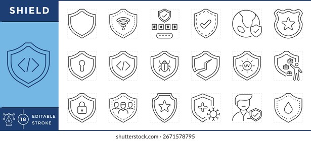 Shield icons set. Protection, security, badge, proof, lock, secure, and many more. Vector editable stroke.
