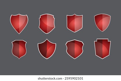 shield icons set, red gradient shield vector assets