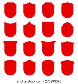 Shield icons set, red isolated on white background, vector illustration.