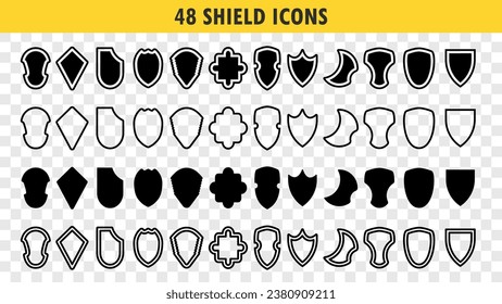 Shield icons set. Security protection symbol signs. Vector illustration with different shields icon collection. Police badge. Collection of security shield icons with contours and linear signs.