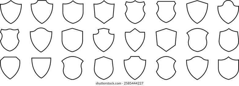 Shield icons set. Security shields logotypes vector icons. Heraldic shield set. Protect shield security vector. Knight award contours concept of safety and protection. Vector illustration