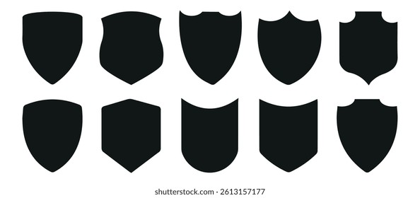 Shield icons set. Shield shape icons. Symbol shape. Different shields collection. Protect shapes silhouette. Vector illustration.