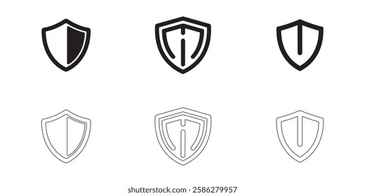 Shield icons set simple clean and smooth lines and fill vector icons in black on a white background.
