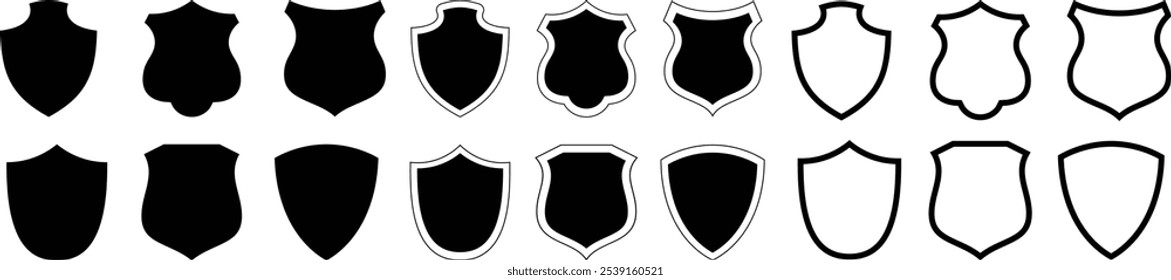 Schild-Symbole eingestellt. Schild-Vektorsammlung. Symbole mit Konturen abschirmen. Sicherheitsschild-Symbole. Vektorgrafik.