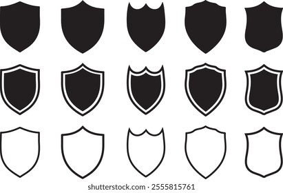 Shield icons set. Shield vector icons. Shield silhouette collection. Protect shield security line icons. Badge quality symbol, sign, logo or emblem. Vector illustration.