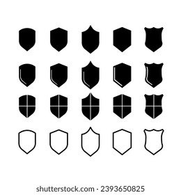 Iconos Escudo. Silhouette, diferentes escudos para el diseño de protección, conjunto de escudos aislados. Iconos del vector