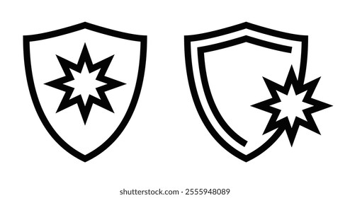 Shield icons with starburst design, bold minimalist vector style. Editable stroke.