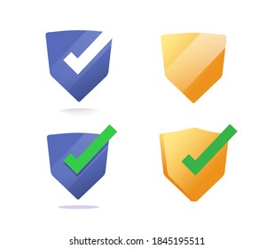 Shield icons vector set with check mark, security protected defence sign, approved guard symbol isolated clipart collection