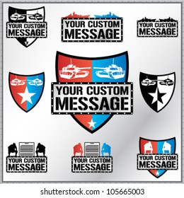 Shield illustration with tanks, battleships ans sumo fighters with space for Your custom text