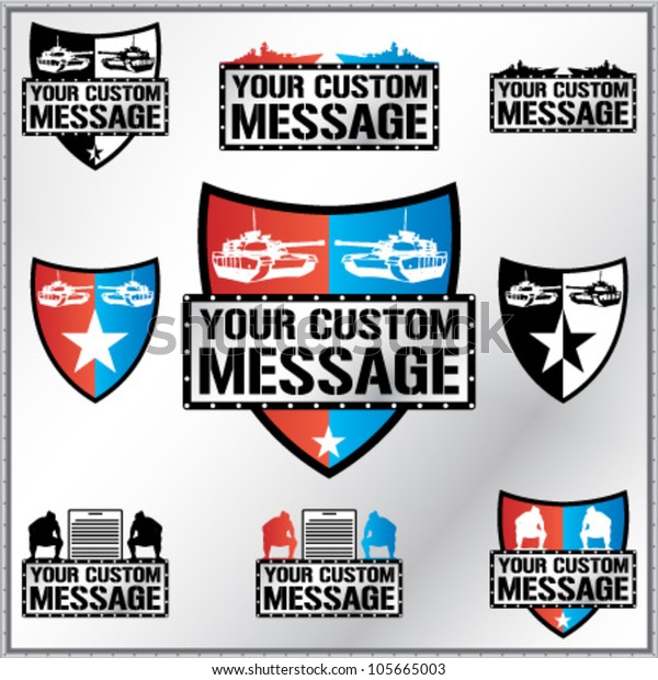 Shield illustration with tanks,\
battleships ans sumo fighters with space for Your custom\
text