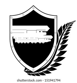Shield and the image of a missile carrying a nuclear warhead in a frame of laurel branches. Black and white illustration on a white background.