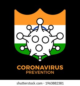 Shield India coronavirus prevention. India flag with corona virus Symbol, covid 2019, vector illustration.