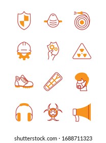 shield and industrial security icon set over white background, half line half color style, vector illustration