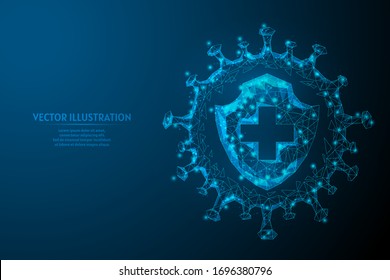 Shield and infection. Protection against the virus, the fight against coronavirus COVID-19. Vaccines, antibiotics, medicine, medical innovative technology. 3d low poly isolated vector illustration.