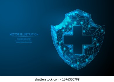 Shield and infection. Protection against the virus, the fight against coronavirus COVID-19. Vaccines, antibiotics, medicine, medical innovative technology. 3d low poly isolated vector illustration.