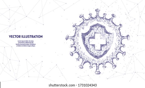 Shield and infection. Protection against the virus, the fight against coronavirus COVID-19. Vaccines, antibiotics, medicine, medical innovative technology. 3d low poly isolated vector illustration.