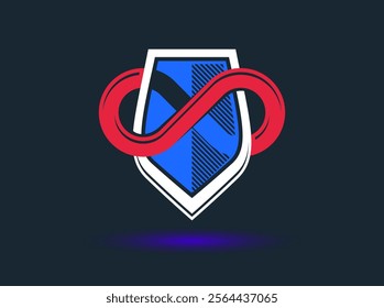 Shield with infinity symbol logo vector, ammo protection symbol, antivirus or sport theme, insurance or guarantee.