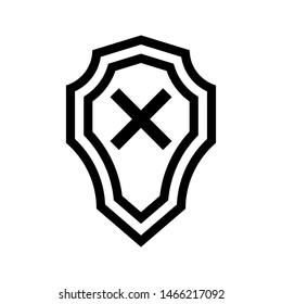 Shield insecure thin line icon. Black shield with cross or mark x outline icon. Shield isolated on white background. Editable stroke vector.