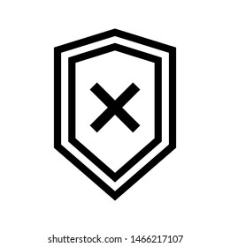 Shield insecure thin line icon. Black shield with cross or mark x outline icon. Shield isolated on white background. Editable stroke vector.